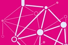 Ausschnitt vom Cover vom Podcast "Antifeministische Allianzen": Pinker Hintergrund, weiße Striche und Punkte sind abstrakt miteinander verbunden.