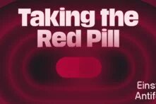 Dunkelroter Hintergrund mit roter Pille in der Mitte und Podcasttitel