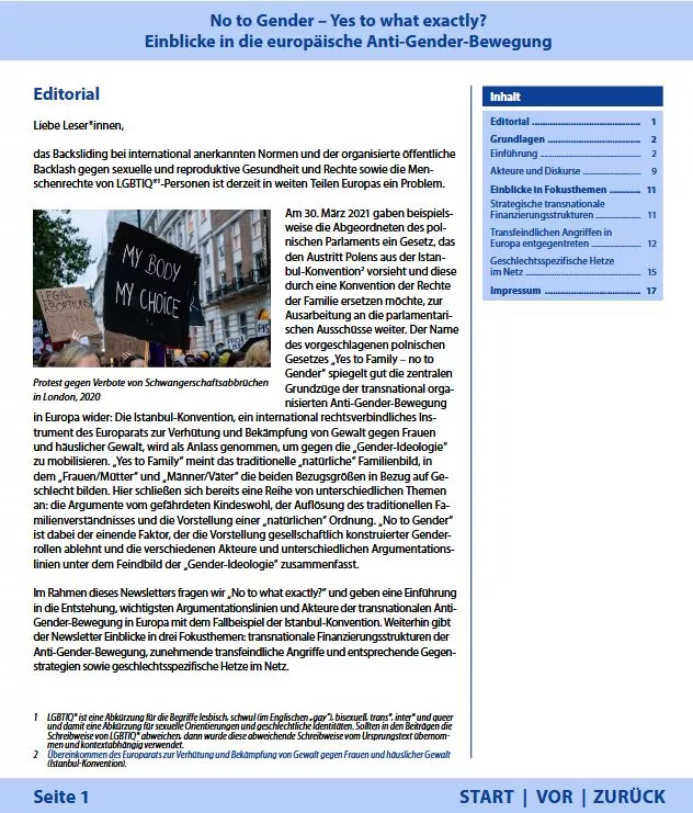 Screenshot der ersten Seite von "No to Gender – Yes to what exactly? Einblicke in die europäische Anti-Gender-Bewegung"