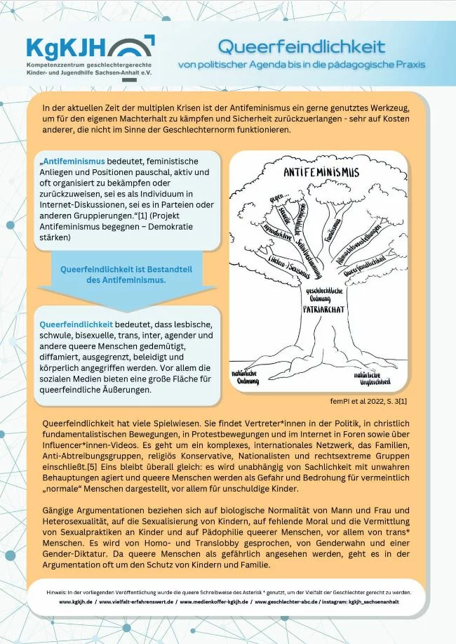 Erste Broschürenseite: Gelber Hintergrund mit Textblöcken und Baumdarstellung zum Thema Antifeminismus.