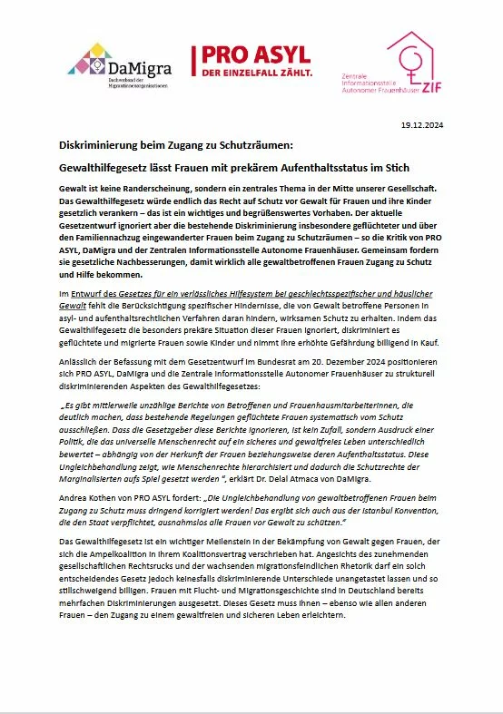 Erste Seite der Stellungnahme: Text und Logos auf weißem Hintergrund