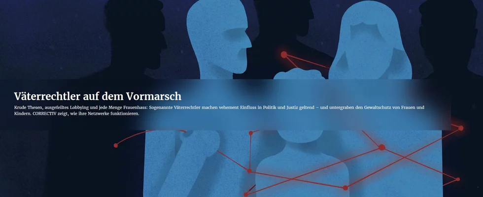 Illustration in blau: Figurative Abbildung einer heteronormativen Kleinfamilie. Zwischen der Familie und Schattenfiguren im Hintergrund sind rote Striche und Punkte, die auf ein Netzwerk hindeuten